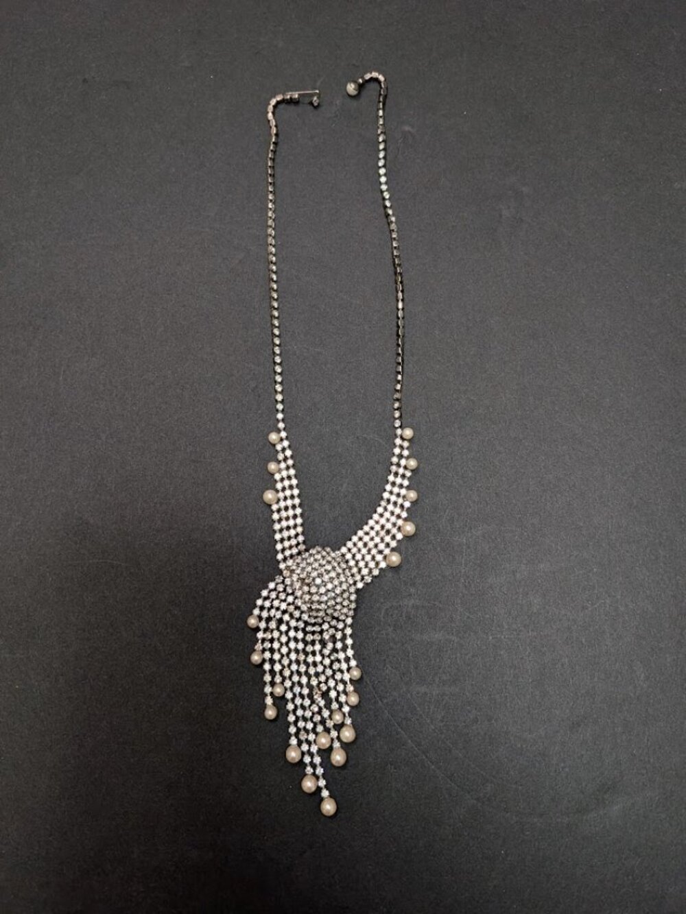 Vintage Rhinestone Faux Pearl Waterfall Bib Necklace 1950s